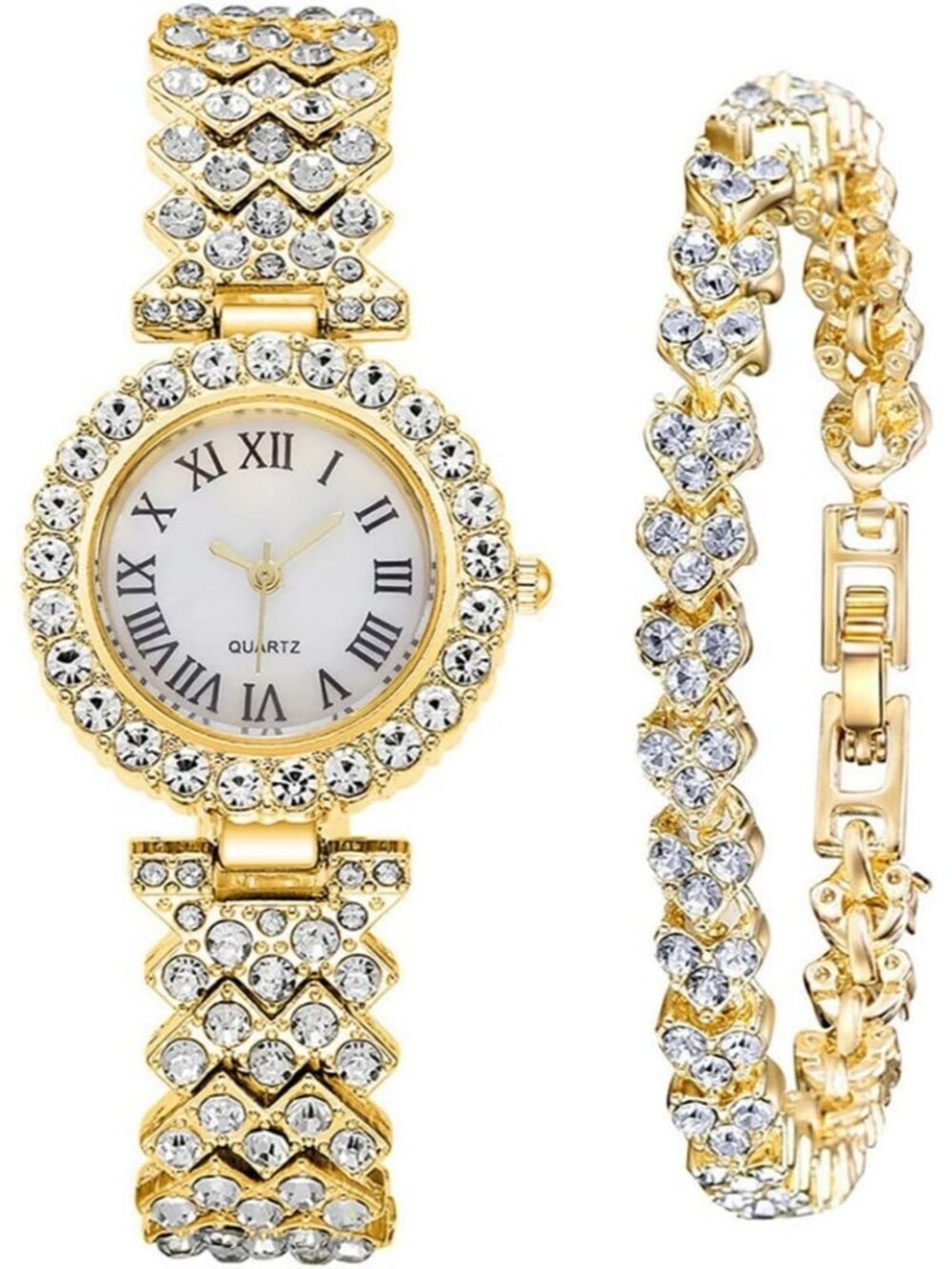 Womens Gold Analog Quartz Fashion Diamond Bangle Bracelet Set Luxury Wrist Watch